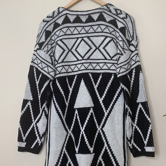 Celsius Premium | Black White Knit Open Front Aztec Pocket Cardigan Sweater L - Picture 14 of 17
